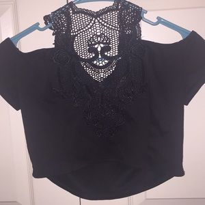 Black lace embroidered off the shoulder crop top
